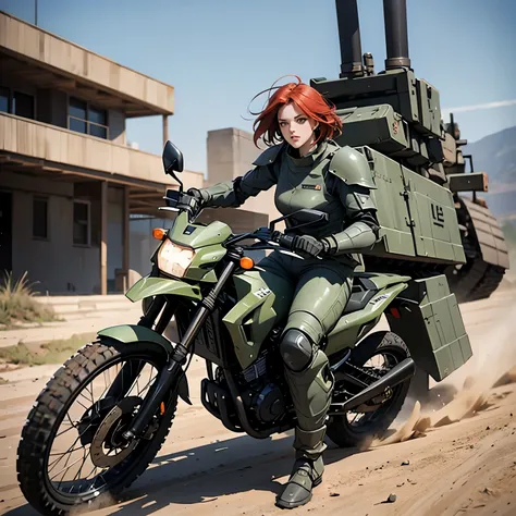 nsfw, anime screencap, 16k, perfect anatomy proportion body,  action,  dynamic composition with a sense of speed and dynamism , (Ride a heavy armored off-road military motorcycle with a cannon:1.6), wife, 40age, perfect beautiful delicate sexy face, perfec...