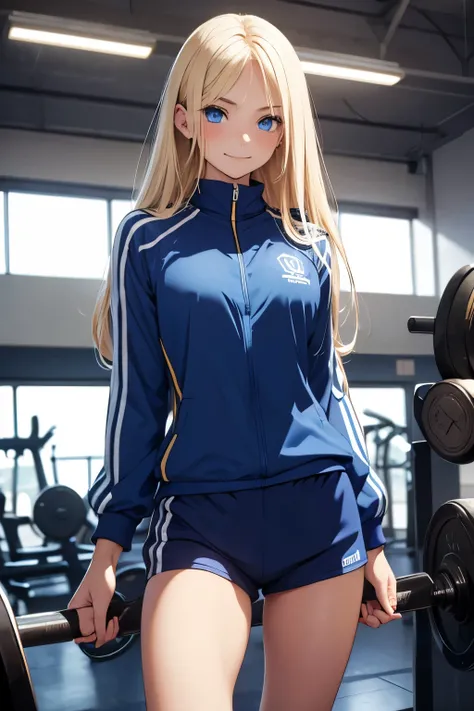 masterpiece, best quality, 1girl, French ethnicity, blue eyes, teenage French spy, blonde, hair, long hair, blonde hair, solo, wearing blue athletic wear, blue athletic wear, closed clothing, smile, closed mouth, flowing hair, gym setting