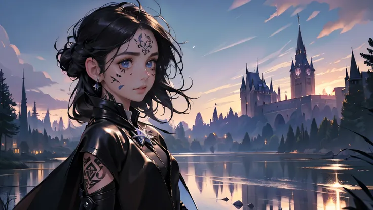 masterpiece, ultra detailed, 8K Portrait, Raw photo, a portrait photo of girl, Highly detailed face, beautiful and meticulous eyes, ((Fantasy)), magical girl, (dark mage:1.5), dark hair, long straight hair, long bangs, black eyes, (small face tattoo:1.5), ...