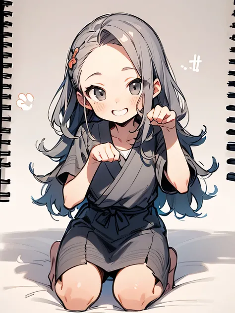 solo,seiza,gray curl inside hair,big forehead,gray eyes,gray cute フード、白タイトスカート、good model paw pose,cute smile,(manga style),(sketch),(illustration),