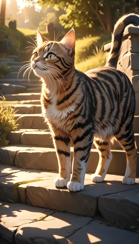 a cat on stone steps, detailed feline features, detailed fur textures, realistic whiskers, sharp focus, intricate details, warm lighting, natural scenery, golden hour lighting, dramatic shadows, beautiful landscape, highly detailed, 8k, photorealistic, cinematic, stunning composition, masterpiece