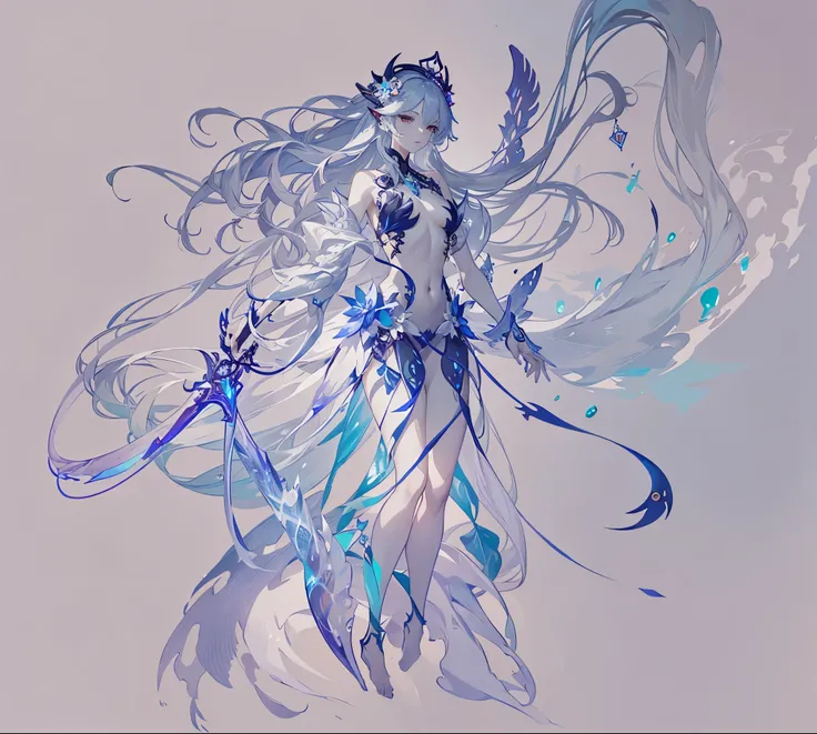 drawing of a woman with a sword and sea, jellyfishes, fish around her, waves hair, ocean godness, spirit fantasy concept art, ink outlines, mermaid cyborg with a laser whip, character design sketch,( ( character concept art ) ), fantasy drawing, character ...