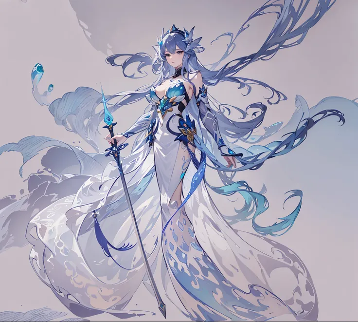 drawing of a woman with a sword and sea, jellyfishes, fish around her, waves hair, ocean godness, spirit fantasy concept art, ink outlines, mermaid cyborg with a laser whip, character design sketch,( ( character concept art ) ), fantasy drawing, character ...