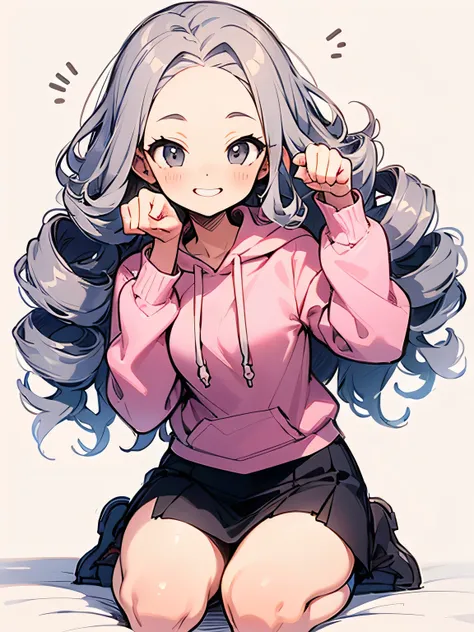 solo,seiza,gray (drill curly) inside long hair,big forehead,gray eyes,pink cute hoodie、white tight skirt、good model paw pose,cute smile,(manga style),(sketch),(illustration),