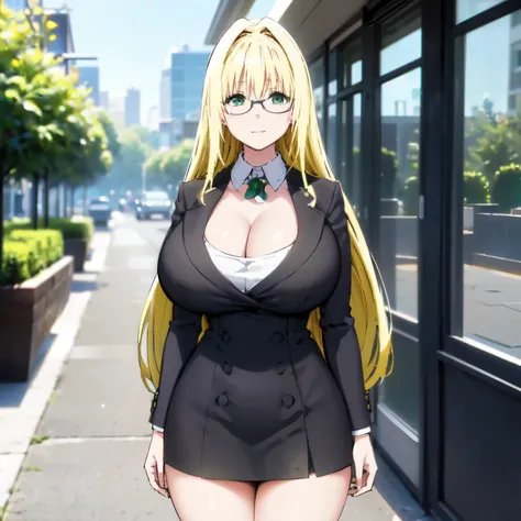 Blonde hair, (((huge  tits)))  , (( black office outfit, nectie, glasses)), thick, ((busty)), green eyes,  long hair, upperbody, smile, legs, thigh, flower garden, cleavage