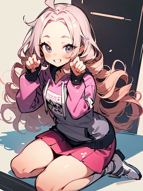 solo,seiza,dark gray (drill curly) inside long hair,big forehead,gray eyes,pink cute hoodie、white tight skirt、good model paw pose,cute smile,(manga style),(sketch),(illustration),