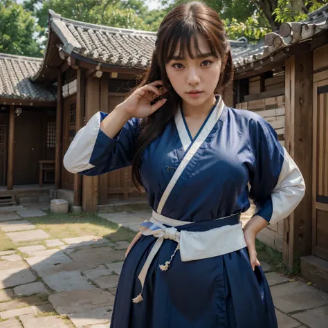  1Young beautiful South Korean girl ,  Kamchon Culture Village Scenery Background, Beautiful eyes, Sexy figure, Thick shirt, Put Hanbok , (Best quality 4k, 8K high resolution masterpiece: 1.2)  super detailed  ( Realistic Realistic Realistic Realistic : 1....