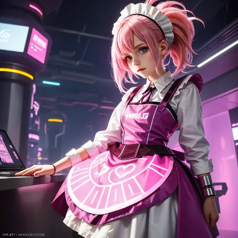 (futuristic), (inside),  1 girl, body shot, (small face), (slender), pink hair, (18 years old), half smile, (maid), apron dress, head dress, (cyberpunk style), pink light, looking away