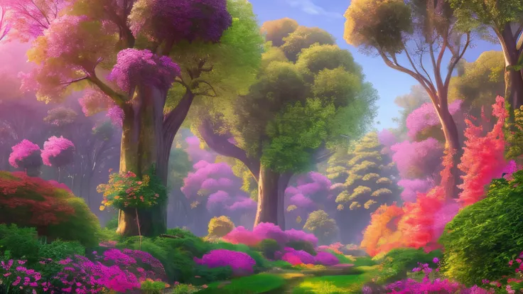 masterpiece, best quality, high quality,extremely detailed CG unity 8k wallpaper of tall trees with bubble leaves, colorful bushes and a lush undergrowth ,pastel