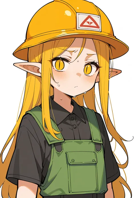 1girl, long hair, yellow hair, yellow eyes, slit pupils, pointy ears, hard hat, (holding pickaxe), age regression, flat chest, black shirt, green vest, looking at viewer, simple background, white background, sweat, score_9, score_8_up, score_7_up, score_6_...