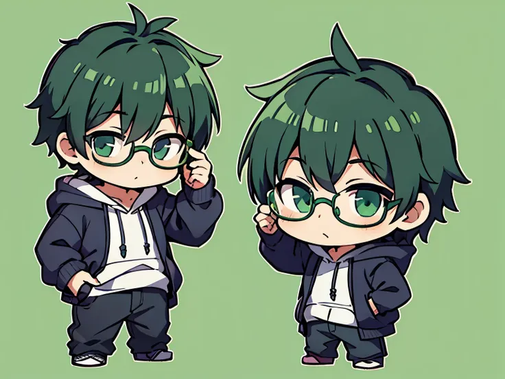 1boy,glasses,hoodie,chibi full body,green background,