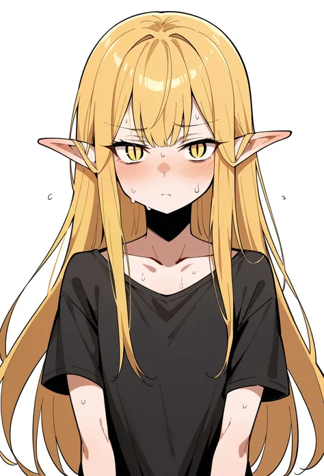 1girl, long hair, yellow hair, yellow eyes, slit pupils, pointy ears, (holding pickaxe), age regression, flat chest, black shirt, looking at viewer, simple background, white background, sweat, score_9, score_8_up, score_7_up, score_6_up, score_5_up, score_...