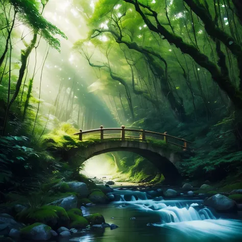 araffe crossing a river in a lush green forest with a bridge, beautiful and mysterious, fairyland bridge, beautiful ancient forest, really beautiful nature, green mist, magical environment, beautiful environment, fantasy!!!, rays of life, glowing green, le...