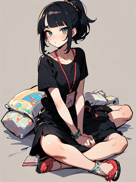 Alone, (sitting indian style:1.3), ,cute face,black color chignon ponytail hair,(blunt bangs), short sideburn,tsurime,black eyeshadow,makeup,gray light blouse, black mini skirt, chain black mini pouch bag,Enchanting chest:1.3, good model pose,(manga style)...