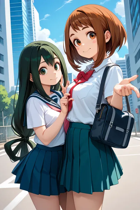 2girls, uraraka ochako, asui tsuyu, u.a. school uniform, skirt, official costume, outdoors, city, general, 
standing , heart han...