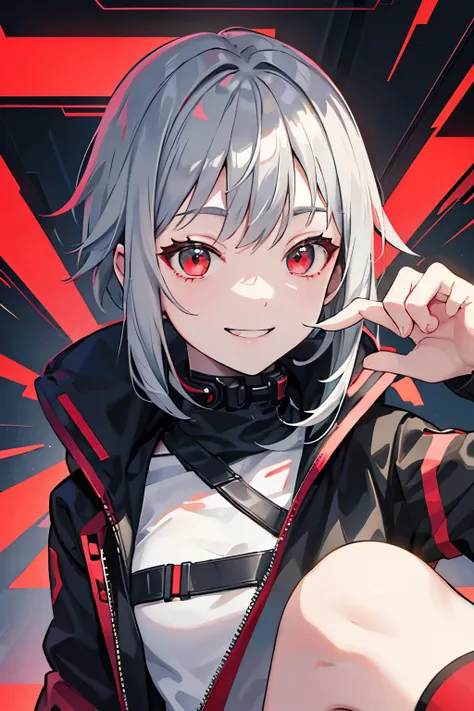 Gray Hair、neutral、10th Generation、 medium short、Cyberpunk clothes based on red and black、smile、High image quality