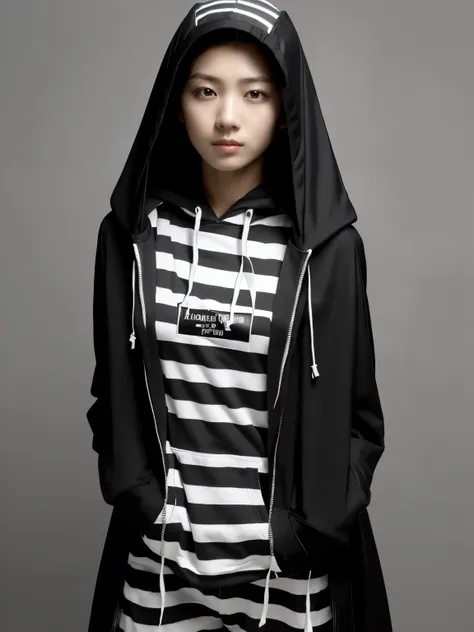 (highest quality:1.2, masterpiece:1.2), 8K, Professional Lighting, Cinematic Lighting, (1 Japanese boy), (((skinny boy))), (short boy, 16aged boy, he is high school student), ((((black hair, short hair, wearing hood, veil hood, cover upper face with hood))...