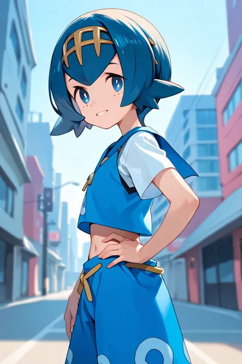 1girl, lana \(pokemon\), official costume, outdoors, city, general, 
looking at viewer, upper body,  hand on own hip,  perspecti...