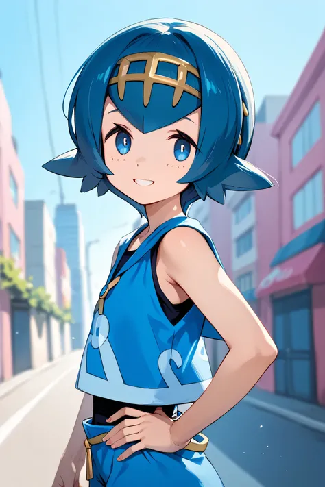 1girl, lana \(pokemon\), official costume, outdoors, city, general, 
looking at viewer, upper body,  hand on own hip,  perspecti...