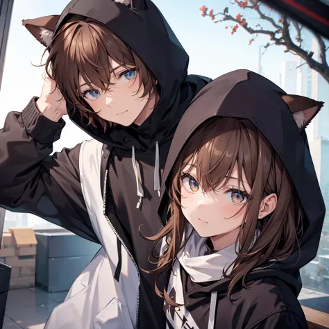 40-year-old man with brown hair and cat ears in a hood