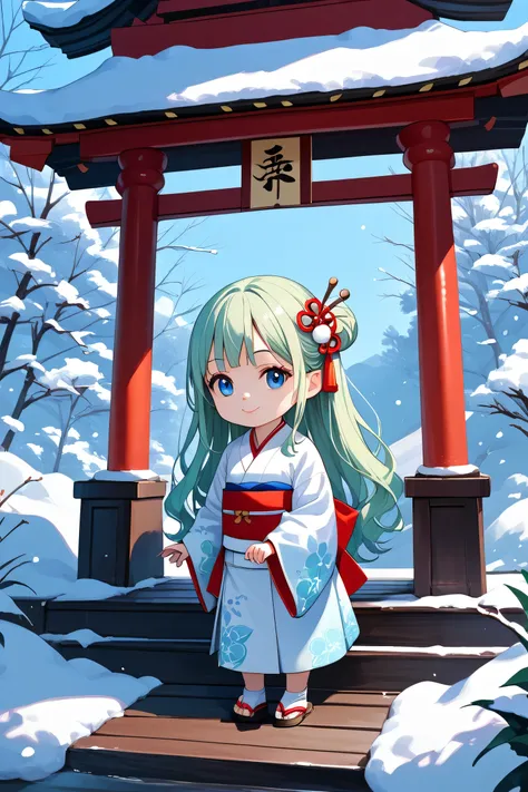 masterpiece, top quality, shrine, 1girl, snow,
yukicomera, short kimono, long hair, light green long hair, hair ornament, blue e...