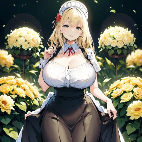 Blonde hair, very huge tits , ((maid uniform, maid hat, long skirt)), ((thick, busty)), amber eyes,  upperbody, smile, cleavage, legs, thigh, garden flower background