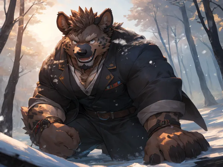 hyena, human nature, male, Solitary, ((Muscular body, Bara, Handsome)), Muscular body, (high quality, high resolution, masterpiece), (Dynamic Lighting, Vibrant colors), (Generous smile), cartoon, by zixiong, By Chunni, snow days , solo, carry a black suitc...