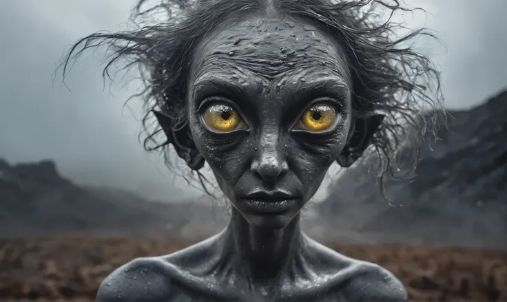 pretty face,eyebrow up,full body length, niobium ,Martian swampy angry fairy,full body length shot,very beggar niobium graphite The Alien Entity, baby,starving after war,full body shot, of psychedelic style ,The iris looks weird, attractive, The stars in s...