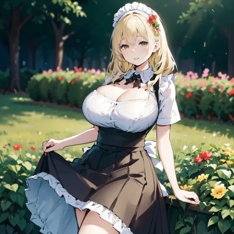 blonde hair, very huge tits , ((maid uniform, maid hat, long skirt)), ((thick, busty)), amber eyes,  upperbody, smile, cleavage,...