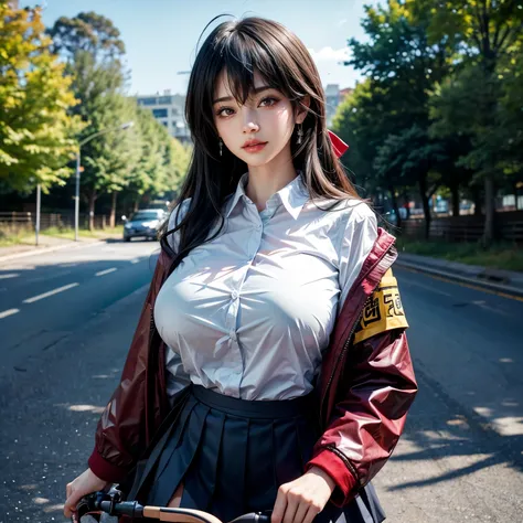 a cute school girl with big breasts, (huge breasts:1.5), jk, beautiful detailed lips, wavy brown hair, riding a bicycle on a cou...