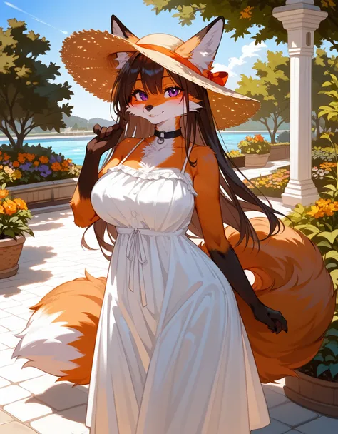 score_9,score_8_up,score_7_up, source_furry, ((Anthro furry fox girl, brunette hair, orange fur)), purple eyes, fox paws, long hair, seductive smile, sun hat, (sundress), large breasts, wide hips, choker, outdoors, modern house, garden, looking at viewer, ...