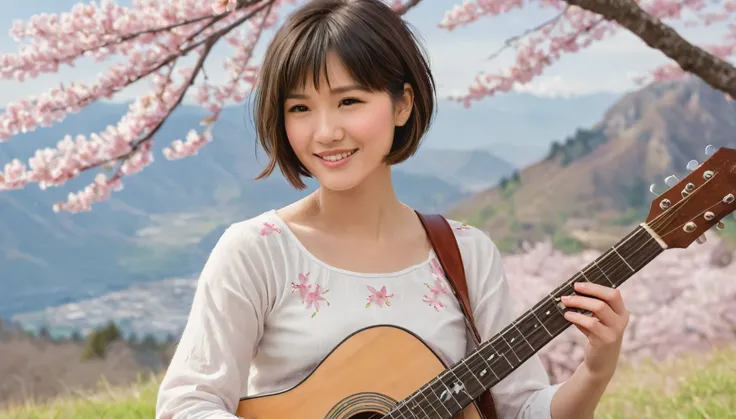 A portrait of a young girl with short dark hair, sitting under a cherry blossom tree while playing a guitar. She wears a simple white top, with a cheerful and slightly playful expression, as if winking with one eye. The background shows a view of the valle...