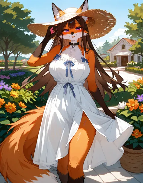 score_9,score_8_up,score_7_up, source_furry, ((Anthro furry fox girl, brunette hair, orange fur)), purple eyes, fox paws, long hair, seductive smile, sun hat, (sundress), large breasts, wide hips, choker, outdoors, modern house, garden, looking at viewer, ...