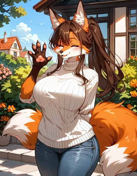 (score_9,score_8_up,score_7_up), (furry), rating_safe, (Anthro fox girl, brunette hair, orange fur), mature female, closed eyes, fox paws, pawpads, claws, long hair, ponytail, smile, blush, turtleneck sweater, denim jeans, large breasts, wide hips, choker,...