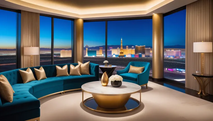 An opulent interior of a luxurious Las Vegas hotel suite, featuring sleek, modern furniture with plush velvet chairs, a marble-topped table, and high-end décor. The room exudes elegance with gold accents, rich fabrics, and ambient lighting. In the foregrou...