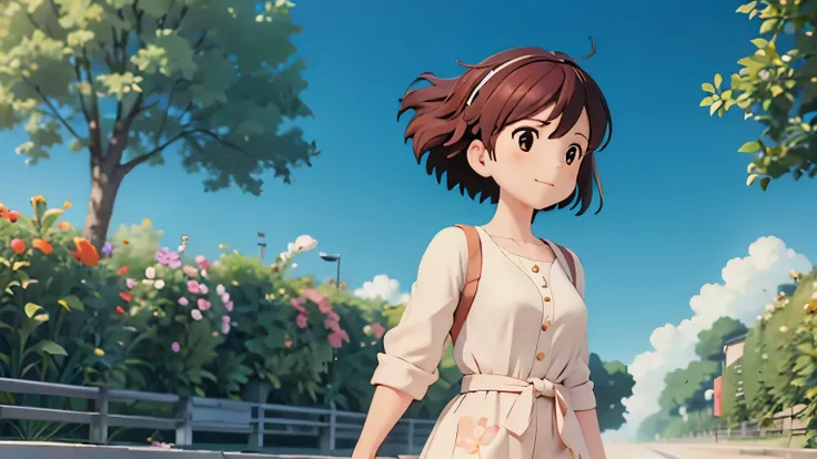 Neat and cute woman, walk, flowers, upper body, ultra-realistic anime