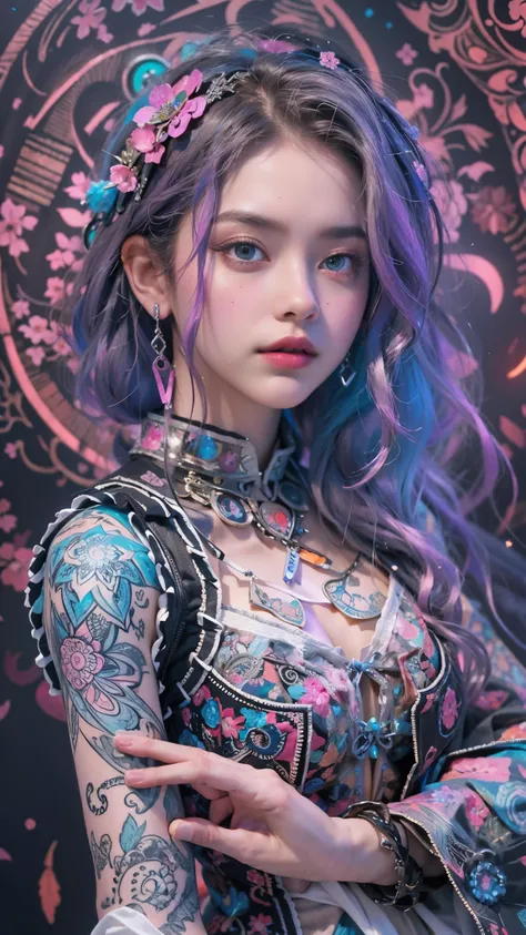 offcial art, Unity 8k wallpaper, Ultra detailed, Beautiful and aesthetic, Beautiful, Masterpiece, Best quality, (zentangle, mandalas, Tangled, entangle), 8K, Skin texture:1.4, tmasterpiece:1.4,Pose behind beauty，(Cyberpunk style Lolita costume in random co...