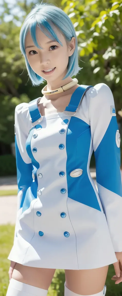 ( Ultra High Definition )、eureka、 girl、 Purple Eyes、 Extremely short light blue hair 、 choker 、 hair clip that invites hands 、 white and blue dress 、 Long Sleeve 、 white leg ring garter belt on left leg 、 white knee-high boots 、 blue dress wit...