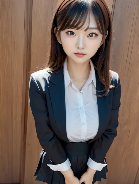 nswf,front view,{black Long Sleeves business suit ,mini skirt,office lady}a female,beautiful face,moon face, healthy skin,double eyelid,inwardly curled hair,ample bosom,standing,pantyhose,office,25years old,full body,HD background,panorama,best quality,ult...