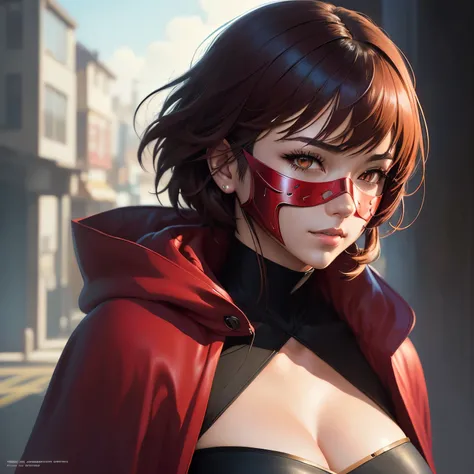 There is a woman wearing a red mask and a red cloak, ilya kuvshinov and  art gel , extremely detailed  art gel , range murata and  art gel ,  art gel .  high detail,  portrait of a female anime hero , masayoshi suto and  art gel ,  art gel .  Anime Illustr...