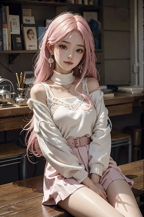 Famous works， Ultra High Resolution ， 8k resolution， Exquisite five-pointed ，  perfect face ，[girl，Single，Watery eyes，Smile，long white hair， pink hair ，Princess Roll，Bracelet， collar，圈形earrings，earrings，sweater， pencil skirt ，Strap ， Shoulder strap ， Knee-...