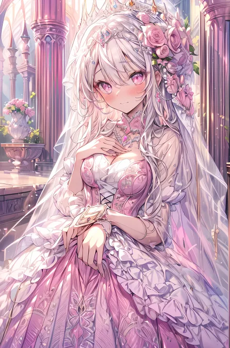 medium-long shot, full-dress shot, full-body illustration, candid portrait, (anime girl, solo focus:1.5), beautiful gorgeous captivating cute adorable princess, nose blush, (blushing:1.5), (pink eyes:1.5) , (((hyper detail delicate beautiful eyes , big eye...