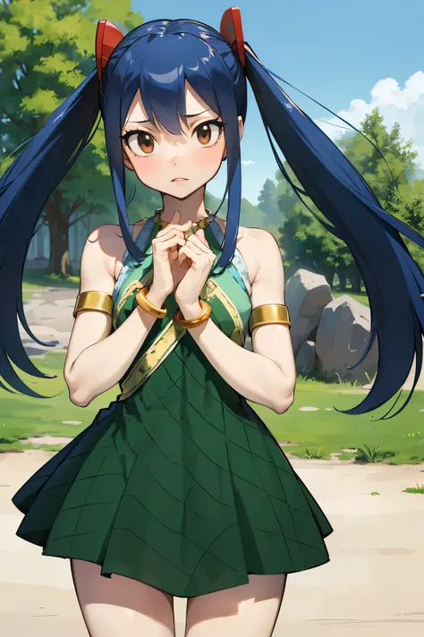 NSFW,masterpiece,Best Quality, Hi-Res, very detailed,Wendy(Fairy Tail), long hair、 twin tails、Hair accessories、Showing shoulders、Green Dress、 Sleeveless Dress 、Bracelet、 Bracelets
