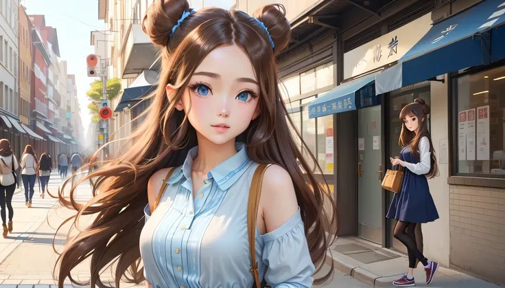  long brown hair and blue eyes walking down the street,  Anime girl with two brown hair buns ，Dress casual。