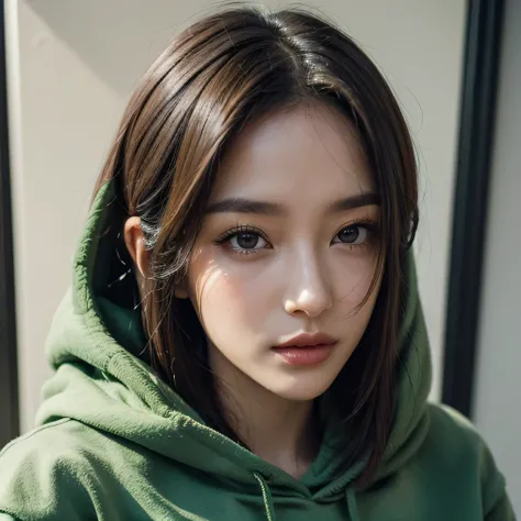 Portrait of a beautiful woman with a confident and alluring expression, wearing an green hoodie, tasteful makeup, soft lighting, realistic skin texture, smooth hair, in a sophisticated setting, high-quality photo, detailed, high-resolution