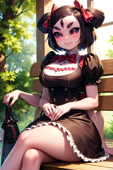 girl, extremely detailed face and eyes, beautiful detailed lips, happy expression, big smile, sitting on a bench, crossing legs,maid outfit,photo-realistic, 8k, high quality, masterpiece, vibrant colors, warm lighting
