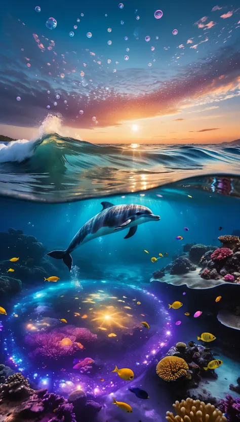 The image depicts a dreamlike and captivating underwater scene, where imagination meets reality. In the foreground, a woman diver detailed explores the depths of a colorful coral reef, surrounded by small bioluminescent creatures that dance around her, lea...