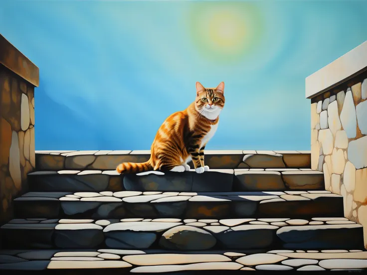 ((The cat on the stone steps)) against a dirty gradient background, minimalism:1.3, the combination of rens applications and oil painting, (modern art):1.4, surrealism:1.3, the absurdity:1.5