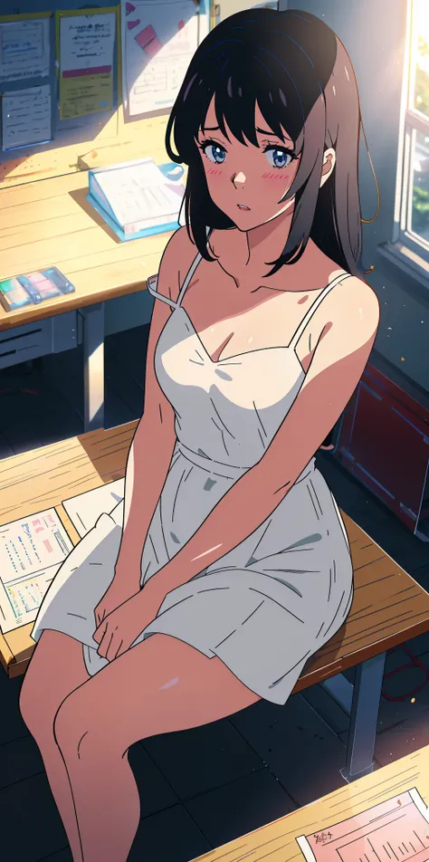 1girl, kimi no na wa, black hair, parted lips, blush, makeup, provoking, sitting, white dress, bare shoulders, classroom, light rays, glow, collarbone, narrow waist, (masterpiece), wallpaper, from above, highly detailed, high quality