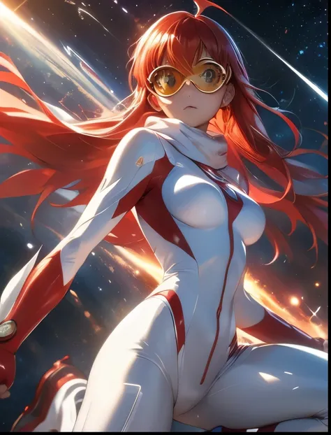 （（（ＳＦＷ、Precision、Highest quality、A first-class masterpiece、Normal body、8k、  Detailed Face 、Ultra-precision、 Normal hand、５refer to、Highest）））、Aim for the Top 2、Nono、Buster Machine 7 、 red hair、 white and red bodysuit、hero muffler 、 outer space 、 Hero Kicks、...